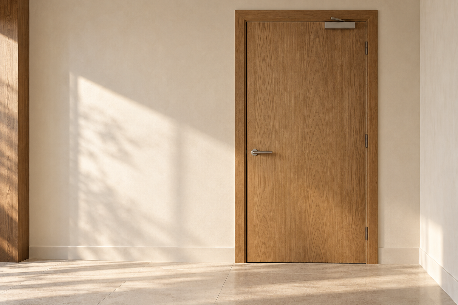 Illustrative flush timber door, frame and ironmongery